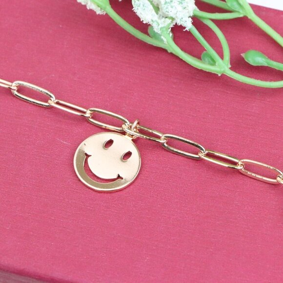 "Rose Gold Smiley Charm Bracelet with Heart Dangles, XPBL1149 - Picture 10 of 12